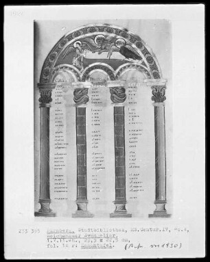 Reichenauer Evangeliar — Kanontafel mit einer Miniatur im Bogen, Folio 14recto