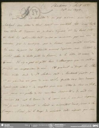 Eigenh. Brief von Auguste Louis de Staël-Holstein an August Wilhelm von Schlegel, Plombières, 07.08.1821