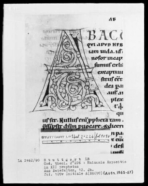 Haimonis enarratio in prophetas minores — Initiale A(bacuc), Folio 109verso