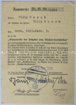 Ausweis zum Eintrag in die "Stammrolle für Buchverkaufsstellen"