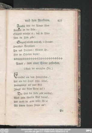 Amor, von einer Biene gestochen. (Nach der vierzigsten Ode.)