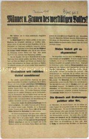 Aufruf der USPD zur Ablehnung der Friedensbedingungen Deutschlands in den Verträgen von Brest-Litowsk