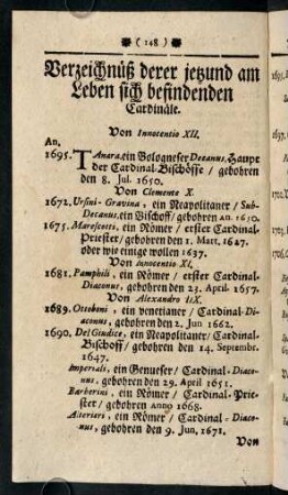 148-152, Verzeichnüß derer jetzund am Leben sich befindenden Cardinäle.