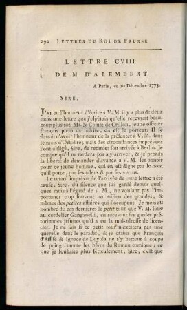 292-320, Lettre CVIII. de M. d'Alembert. - Lettre CXI. de M. d'Alembert.