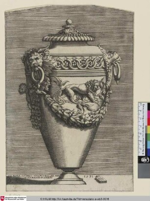 [Antike Vase mit von Löwenköpfen gehaltenen Ringen als Henkel und einem auf einer Lorbeerranke balancierenden Löwen]