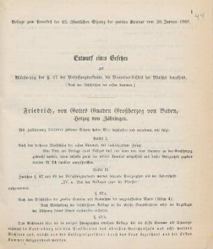 Entwurf eines Gesetzes zur Abänderung des §. 67 der Verfassungsurkunde, die Verantwortlichkeit der Minister betreffend