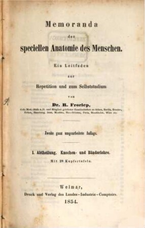 Memoranda der speciellen Anatomie des Menschen : Abthlg. 1. Mit 28 Kupfertafeln