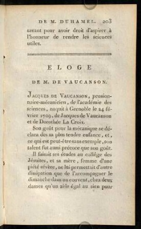 203-232, Eloge de M. de Vaucanson.