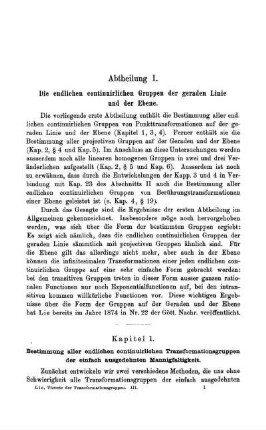 Abtheilung I. Die endlichen continuirlichen Gruppen der geraden Linie und der Ebene.