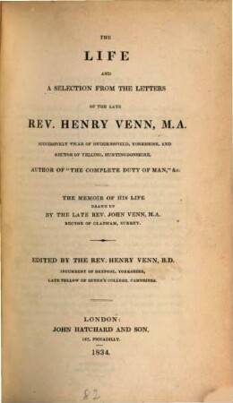 The life and a selection from the letters of Henry Venn