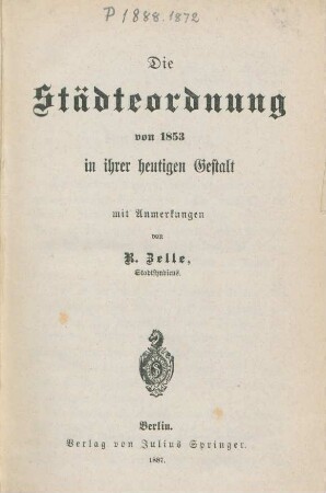 Die Städteordnung von 1853 in ihrer heutigen Gestalt