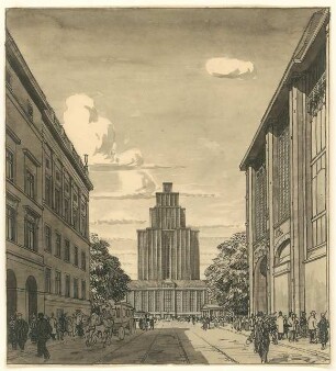 Hochhaus am Potsdamer Platz, Berlin: Blick durch die Leipziger Straße auf das Hochhaus