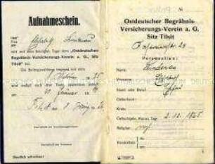 Mitgliedsausweis des Ostdeutschen Begräbnis-Versicherungsvereins