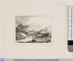 Landschaft mit Kutsche vor einer Brücke und Windmühle