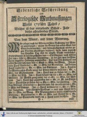 Ordentliche Beschreibung Und Astrologische Muthmassungen Dieses 1754sten Jahrs.