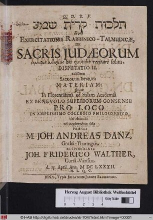 Halâ_kô_t qerît šemā Sive Exercitationis Rabbinico-Talmudicæ, De Sacris Judæorum nomophylaktēriois bis quotidiè recitari solitis, Disputatio II. : exhibens Sacrorum Istorum Materiam