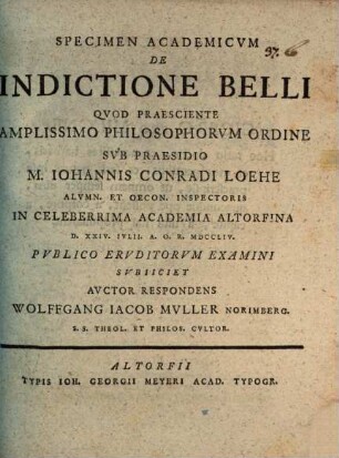 Specimen acad. de indictione belli