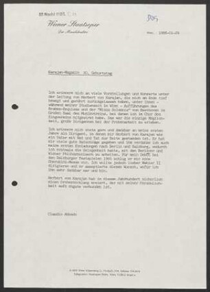 Kurzer Text von Claudio Abbado zum 80. Geburtstag von Herbert von Karajan (29.1.1988)