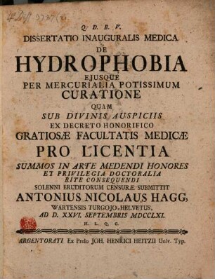 Diss. inaug. med. de hydrophobia eiusque permercurialia potissimum curatione