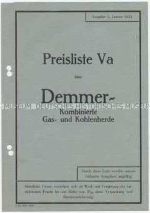 Preisliste Va über Demmer-Kombinierte Gas- und Kohlenherde