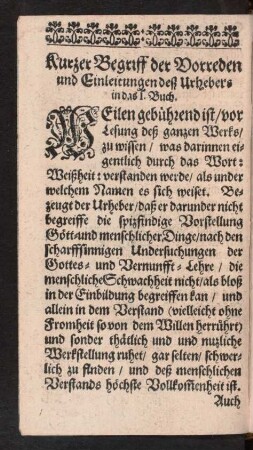 Kurzer Begriff der Vorreden und Einleitungen deß Urhebers in das I. Buch.