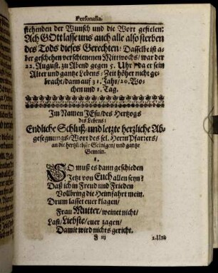 Anspruch des sel. Verstorbenen Herrn an die Betrübten Hinterlassenen; Sequuntur Epicedia; Trost-Schriftlein/ an des seeligen Herrn Pfarrers/ hinterlassenen ...