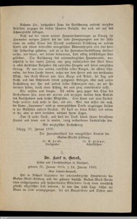 Dr. Karl v. Gerok, Prälat und Oberhofprediger in Stuttgart : geboren 30. Januar 1815, † 14. Januar 1890