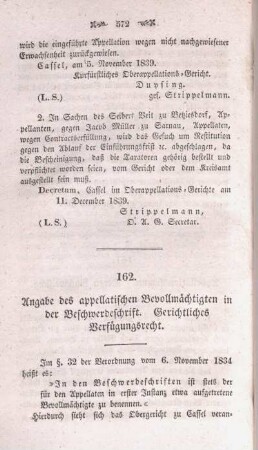 162. Angabe des appellatischen Bevollmächtigten in der Beschwerdeschrift. Gerichtliches Verfügungsrecht.