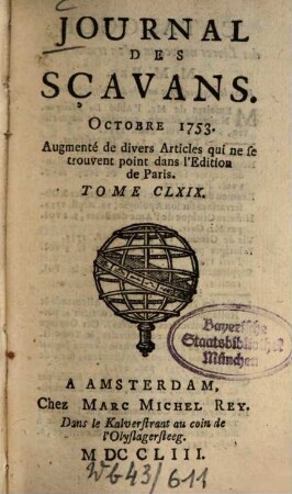 Journal des sçavans. 1753, [5]. Oct. - Nov. = T. 169