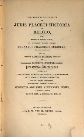 Specimen iuris publici de iuris placeti historia in Belgio