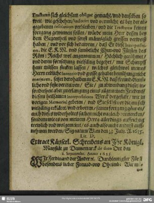 Lit. D. Extract Käyserl. Schreibens an Ihr Königl. Maystät zu Dennemarck de Dato Ort den 1. Septembr. Anno 1635