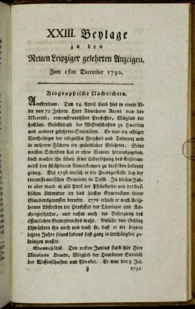 XXIII. Beylage zu den Neuen Leipziger gelehrten Anzeigen. Zum 1sten December 1792.