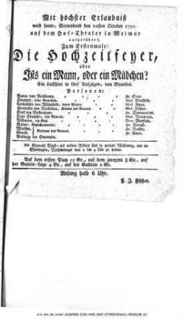 Die Hochzeitsfeyer, oder Ists ein Mann, oder ein Mädchen?