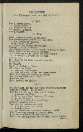 Verzeichniß der Pränumeranten und Subscribenten