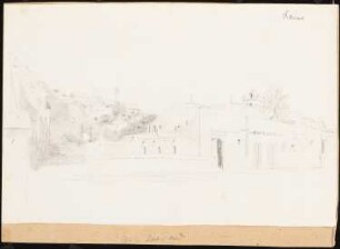 Stadtansicht Bab El Oued, Algier: Vorne rechts Gebäude (beschriftet mit »Casern du Pont Bab el oued« und »Débit d. LIQUERS«), links Fernblick auf die Stadt