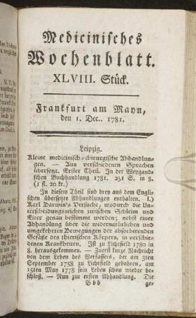 XLVIII. Stück. Frankfurt am Mayn, den 1. Dec. 1781. - LII. Stück. Frankfurt am Mayn, den 29. Dec. 1781.