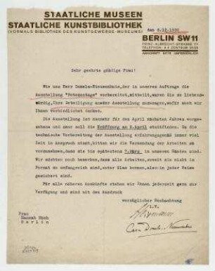 Brief von Wolfgang Herrmann und Cesar Domela-Nieuwenhuis an Hannah Höch. Briefkopf: "Staatliche Museen/Staatliche Kunstgewerbeschule (vormals Bibliothek des Kunstgewerbe-Museums)".