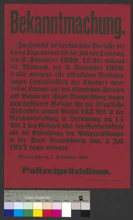 Bekanntmachung des Polizeipräsidiums [Braunschweig]: Verbot von öffentlichen Versammlungen vom 2. bis 3. September 1930 in der Stadt Braunschweig