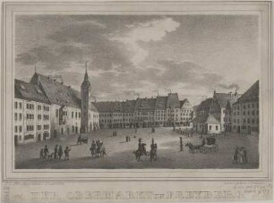 Ansicht des Obermarktes mit dem Rathaus von Freiberg/Sachsen, Lithographie, um 1860 : Der Obermarkt in Freyberg / V. d. Nat. gez. u. lith. v. G. Wunderlich. - Dresden : Böhme , [um 1860]. - 1 Kunstblatt : Lithogr. ; 19 x 12 cm