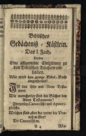 Das I. Fach, Darin Eine allgemeine Einleitung zu den Biblischen Büchern enthalten