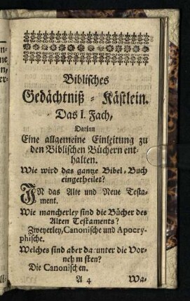 Das I. Fach, Darin Eine allgemeine Einleitung zu den Biblischen Büchern enthalten