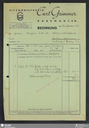 Sitzmöbelfabrik Curt Grimmer, Rabenau i.Sa. : Rechnung