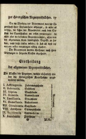 Eintheilung der allgemeinen Arzneymittellehre.
