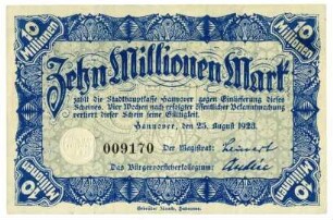 Notgeldschein: Stadt Hannover, 10 Millionen Mark