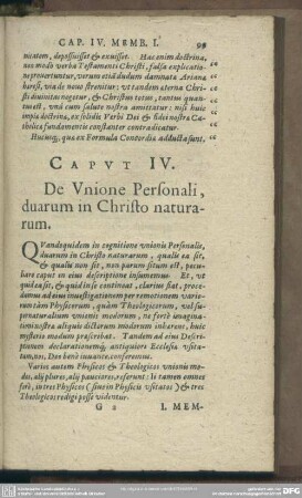 Caput IV. De Unione Personali, duarum in Christo naturarum