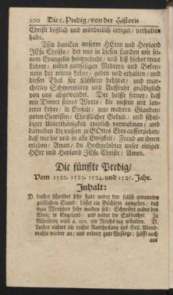 Die fünffte Predig, Vom 1522. 1523. 1524. und 1525. Jahr.