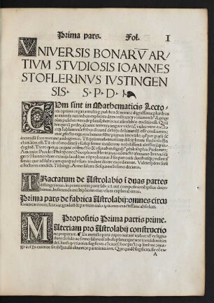 Prima pars de fabrica Astrolabii: omnes circulorum: arcuum: linearum: graduum & partium inscriptiones exactissime absolvit.