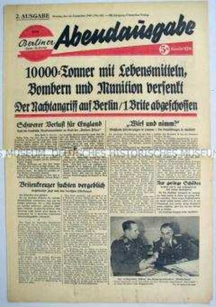 Titelblatt der Abendausgabe der "Berliner Volks-Zeitung" u.a. zum Luft- und Seekrieg gegen Großbritannien