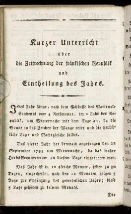 Kurzer Unterricht über die Zeitrechnung der fränkischen Republik und Eintheilung des Jahrs.