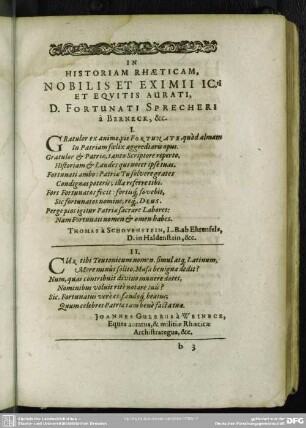 In Historiam Rhaeticam, Nobilis Et Eximii ICti Et Equitis Aurati, D. Fortunati Sprecheri a Berneck, [et]c